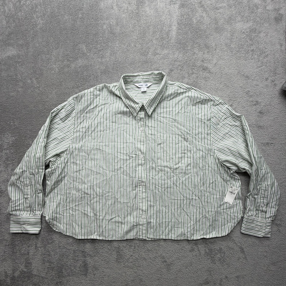Old‎ Navy Shirt Womens 2X Green Cropped Button-Up Long Sleeve Collared Striped
